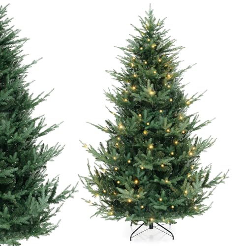 DORTALA 7FT Prelit Christmas Tree Green, Hinged Artificial Xmas Tree with 340 Warm White LED Lights, 8 Lighting Modes, 1090 PE & PVC Mixed Branch Tips, for Home Office Party
