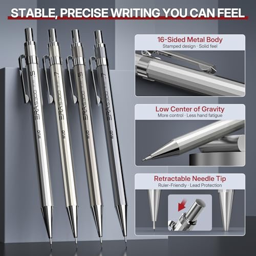 Image of WUO 0.5&0.7mm Metal Mechanical Pencil Set, 8-Pack with Eraser Pen and Case