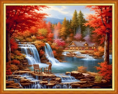 Image of Dooxvey Cross Stitch Kits for Adults Stamped Full Range of Embroidery Starter Kits for Beginners 11CT Printed Cross Stitch Patterns Needlepoint Kits Stamped Crossstitch-Autumn Waterfall 16x20 inch