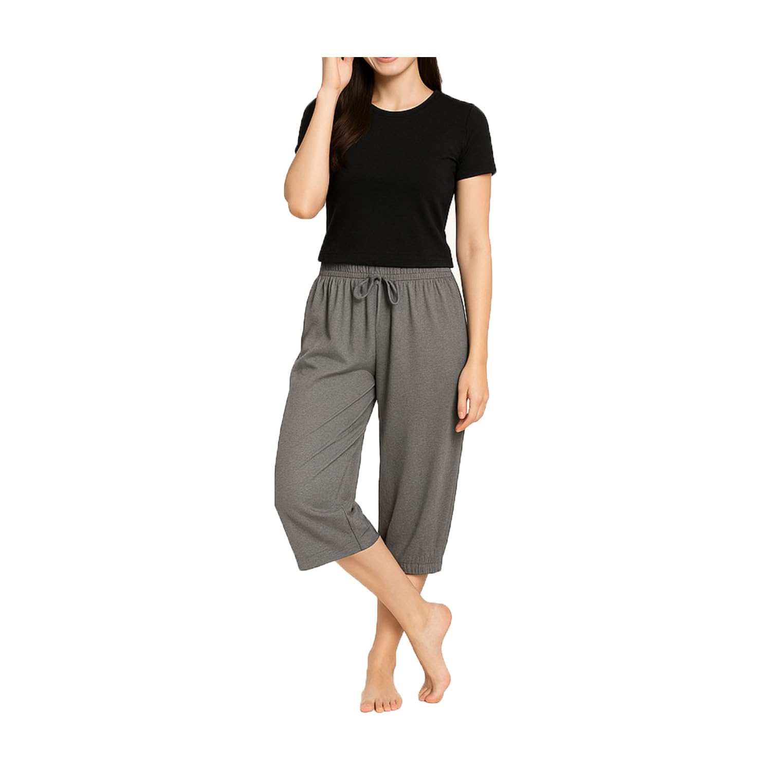 Women's Cotton Loosefit Capri, 3/4th Capri For Girls Elastic With Drawstring Waist Single Pack (Grey)-picture-26