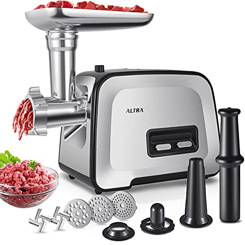 Altra Life Meat Grinder Electric, Sausage Maker with 3 Stainless Steel Sausage Tubes, 2 Blades, 3 Grinding Plates, Plastic Tube & Kubbe Kit, Home Kitchen Use,【2600W Max】【Concealed Storage Box】