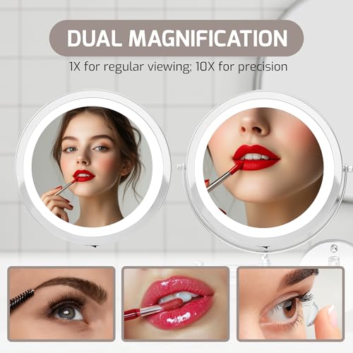 Image of OVENTE 9 inch Wall Mounted Lighted Makeup Mirror, Polished Chrome MFW85CH1X10X | Cordless Double Sided 1X /10X Magnifying Mirror for Bathroom with LED Lights, 360 Rotation, Extendable Arm, Battery Operated