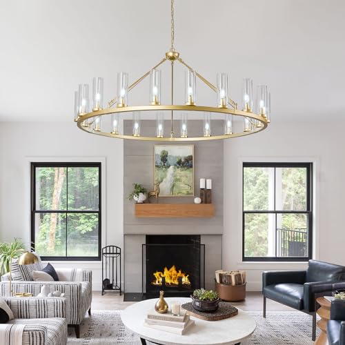 Image of 20 Light Large Wagon Wheel Chandelier with Clear Glass Shade Gold Round Pendant Light Farmhouse Industrial Chandeliers Dining Room Light Fixture for Stair Living Room Foyer Kitchen