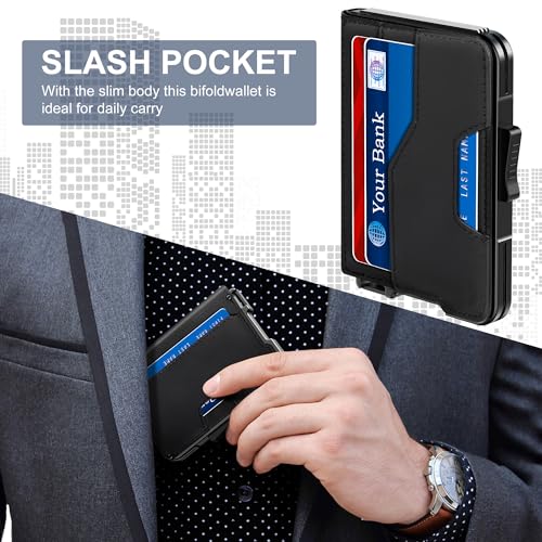 Image of Wallet for Men - Pop Up Case, Cash Slot, and Credit Card Wallet - Slim Minimalist Aluminum Front Pocket Wallet with RFID Blocking /ID Window (Black)