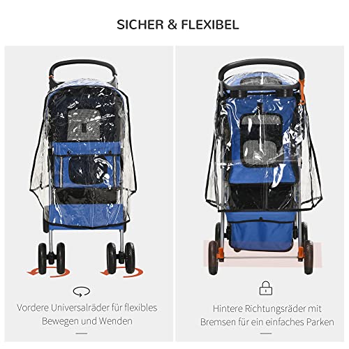 PawHut Hundebuggy, Hundewagen mit Regenverdeck, faltbarer Hundetrolley bis 10 kg, Katzenbuggy für kleine Hunde mit Netzfenster, Katzenwagen, Blau, 75 x 45 x 97 cm