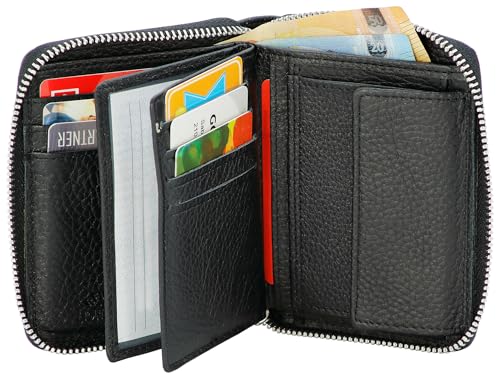 WILD THINGS ONLY !!! Herren Geldbörse Leder RFID mit Reißverschluss Kompakt Viele Kartenfächer Sicheres Portemonnaie Schwarz
