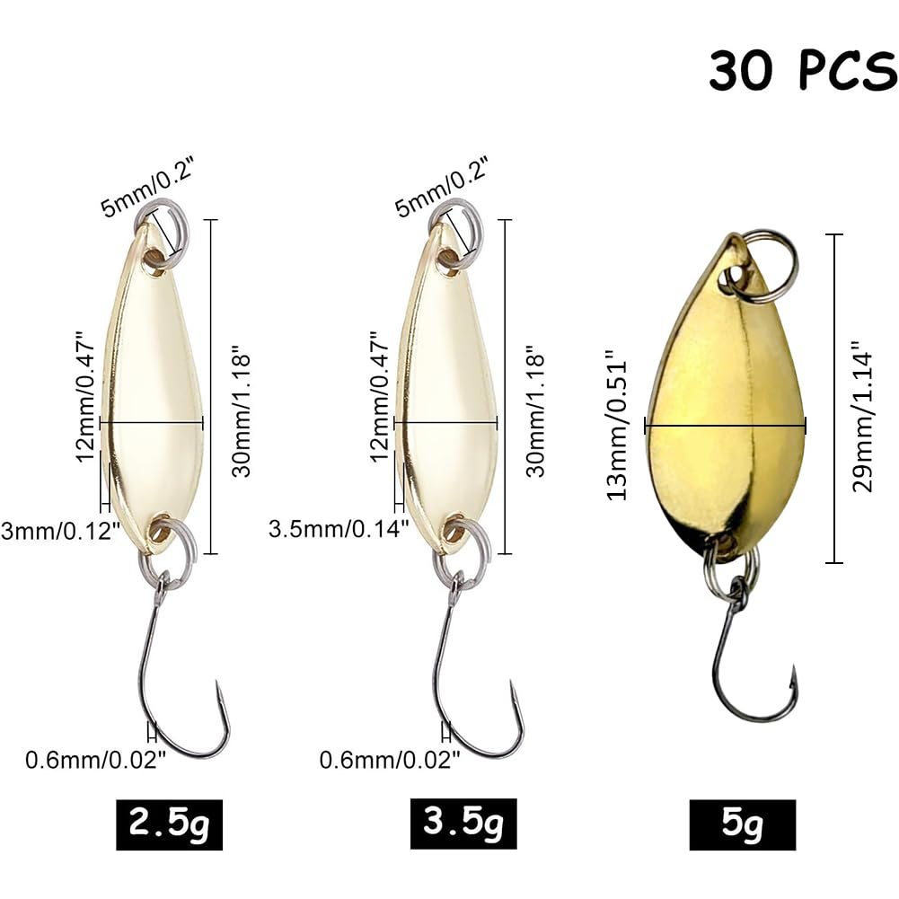 SUPERFINDINGS 30Pcs 3 Tamaños Lágrima de Acero Inoxidable Equipo de Pesca Señuelos de Pesca Ganchos Cucharas con Gancho Agudo para Truchas Pike Bass Walleye Suministros de Pesca