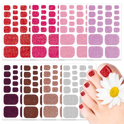 JSRQT Nail Wraps No UV Light 8 Sheets Toe Nails Stickers Full Wraps with Nail Files Toenail Stickers Foils for Women Girls Glitter Gel Stick on Toe Nails False Toenails Self Adhesive Polish DIY Decor