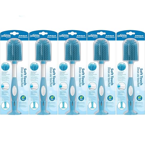 Image of Dr. Brown's Soft Touch No Scratch Baby Bottle Cleaning Brush Nipple Cleaner with Stand and Storage Clip, BPA Free, Blue 1-Pack (Pack of 5)