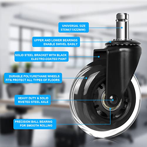 Hirate Office Chair Caster, 3" Durable Computer Desk Chair Replacement Set Of 5 Heavy Duty Protection For All Floors, Universal Stem 11Mm (7/16"X7/8") #TOP2