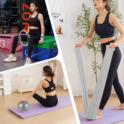 QYJinlida Pilates Ring, Pilates Ring Circle and Ball Set, 12 Inch Magic Circle Pilates Ring,9 Inch Small Exercise Ball,Resistance Bands Set, Home Pilates Equipment for Women(Grey) - Image 8