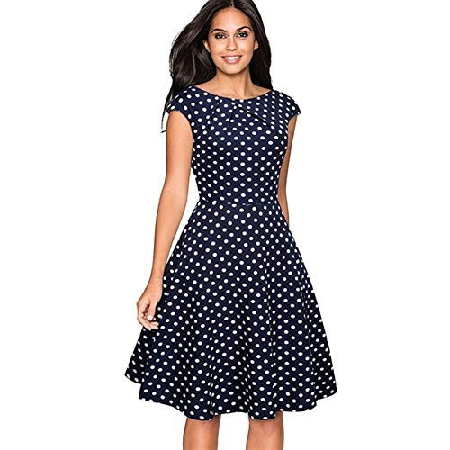 Vintage Kurz Solid Color Elegante O-Ansatz Kappen-Hülse A-Line Pinup Business Women Flare Swing-Kleid Komfortabel (Color : Polka, Size : L.)