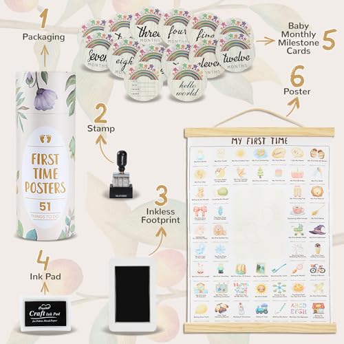 Jinrobabes Baby Shower Gifts, 6-piece Baby Keepsake for Recording Baby Growth, Baby Room Decor Poster My First Times, Baby Milestone Cards, Date Stamp, Baby Inkless Footprint Kit - Image 3