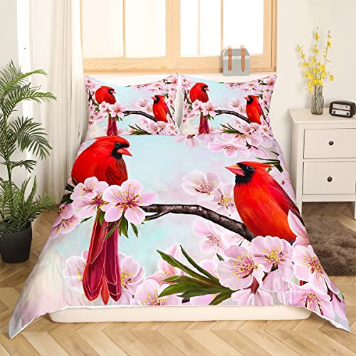 Erosebridal Cardinal Bedding Set Full Girls Pastel Pink Garden Flowers Comforter Cover For Kids Child,Red Bird Duvet Cover Rustic Aesthetic Animal Quilt Cover Chic Nature Art Bedroom Decor #TOP2