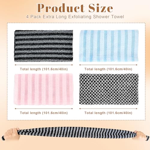 Pipihome Japanischer Peeling Badetuch, 4 Stück Rückenschrubber Rückenbürste, Extra Langer Exfoliating Shower Towel, Body Back Scrubber Waschlappen für Männer und Frauen, Badezubehör Reinigung