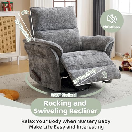 Image of Swivel Rocker Recliner with Adjustable Headrest,Upholstered Glider Rocker Recliner with Overstuffed Armrest,Manual Recliner Nursery Chair for Living Room,Grey