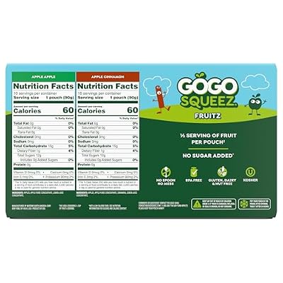 GoGo squeeZ No Sugar Added Applesauce and Fruit Puree Variety Pack, Apple & Cinnamon, 3.2 oz Pouches (Pack of 20), Fruit Snacks for Kids, Gluten Free, Nut Free, Recloseable Cap, BPA Free