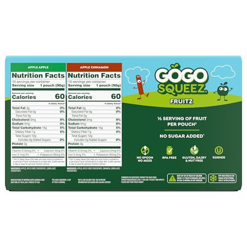 Image of GoGo squeeZ No Sugar Added Applesauce and Fruit Puree Variety Pack, Apple & Cinnamon, 3.2 oz Pouches (Pack of 20), Fruit Snacks for Kids, Gluten Free, Nut Free, Recloseable Cap, BPA Free