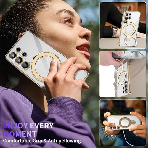 Image of Magnetic Stand & Full Camera Lens Protector Case for Samsung Galaxy S25 Ultra[Compatible with MagSafe][Military Drop Protective]Not Yellowing Clear Slim Soft S25 Ultra Phone Case for Women Men,Gold