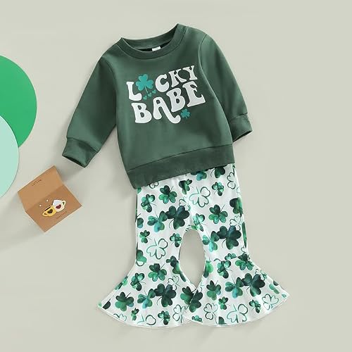 FYBITBO St Patricks Day Baby Girl Outfit Toddler Lucky Babe Clover Crewneck Sweatshirt Bell Bottoms Pants 2Pcs Clothes (Clover print,18-24 Months) - Thumbnail 2