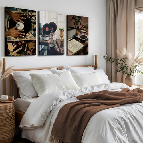 YFvrPt Black Girl Wall Art Decor Modern Black Woman Painting Prints, Set of 3 African American Music Record Player Poster Canvas Artwork for Bedroom Living Room 12x16 inch Framed - Image 6