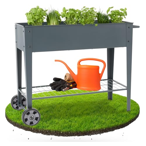 Arebos Hochbeet mit Rädern und Ablage 108 x 51 x 80 cm | Frühbeet Kräuterbeet Blumenkasten Garten Terassen Gemüsebeet Gartenbeet Blumenkübel für Balkon | ideal für den Anbau von Gemüse Obst Kräutern