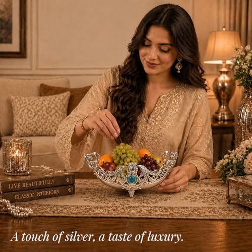 Image of Diviniti German Silver Decorative Blue Stone Bowl|Luxury Serving Bowl with Handles|Vintage Silver Platter for Dining Table, Home Decor, Centerpiece, Gifting|Elegant Metal Fruit Basket with Gift Box