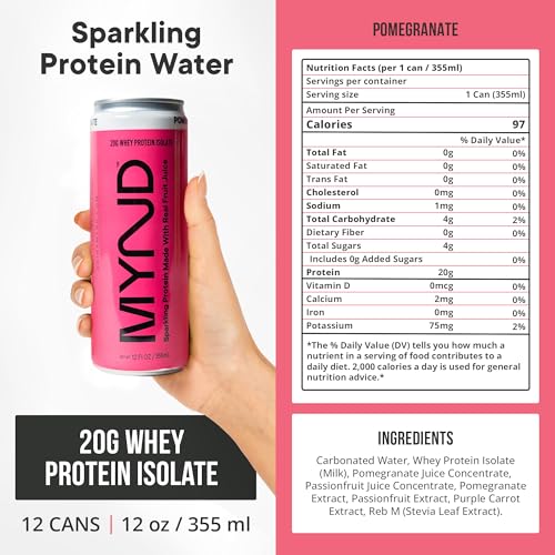 Image of MYND Sparkling Protein Water, Clear Protein Drink - 20g Whey Protein Isolate per Can, 12 Pack - Lactose Free, Gluten Free, No Added Sugar - Ready-to-Drink Carbonated Protein - Pomegranate Flavor
