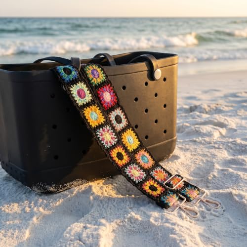 Image of Wide Purse straps Crochet Flower replacement crossbody for Handbag Adjustable Embroidery Knit Guitar Shoulder strap