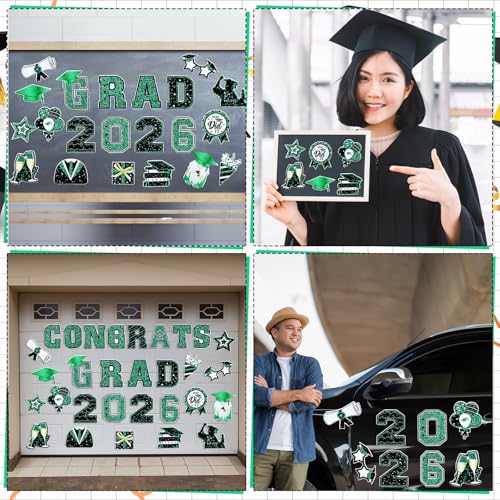 Image of Landhoow 30 Pcs Graduation Car Magnets 2026 Senior Graduation Car Decoration Bumper Sticker Congrats Grad Magnet Magnetic Refrigerator Decal for Grad Parade Party Supplies(Green, Black)