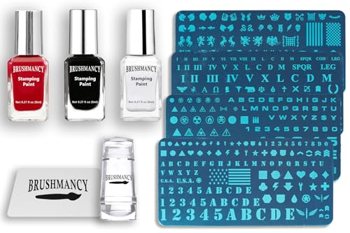 Brushmancy Miniatures Stamping Set | 3 Colors - 4 Plates - 1 Stamper - 1 Swiper | Nail Stamping Plates | Wargaming