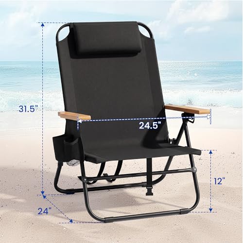 Cansky Portable Beach Chair for Adults, Outdoor Lightweight Camping Chair with Wooden Desgin Armrests, 5-Position Reclining Flat Lay, Cup Holder, Zipper Pouch, Backpack Design, No Towel Rack, Black - image 2