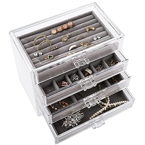 Cedilis Acrylic Jewelry Box with 4 Drawers, Velvet Jewelry Organizer Container for Earring Necklace Ring and Bracelet, Clear Jewelry Storage Organizer Box Case for Women, Girls, Gray