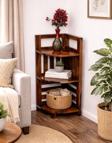 Image of Corner Display Shelf Storage | Wooden Storage Rack & Display Organizer | Solid Sheesham Wood Open Shelf for Living Room, Bedroom, Home & Office