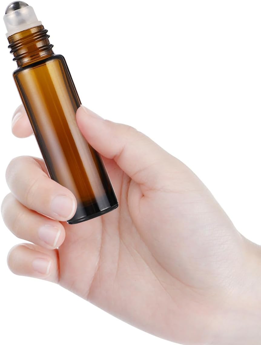 BETOOKY 16oz Glass Essential Oil Roller Bottles 16pcs Amber Blue Subpackaging Bottles with Steel Rollerball and Black Plastic Caps for Travel and Home Use