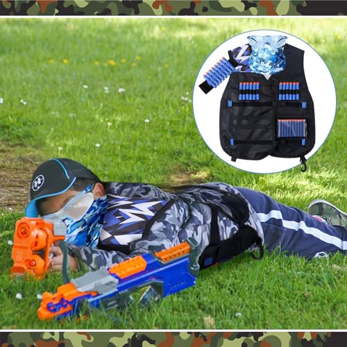 Image of Sosation 12 Sets Tactical Vest Compatible with Nerf Party Favor Accessories, Face Mask Wrist Ammo Holder Toy Gift Supplies (Orange and Blue)