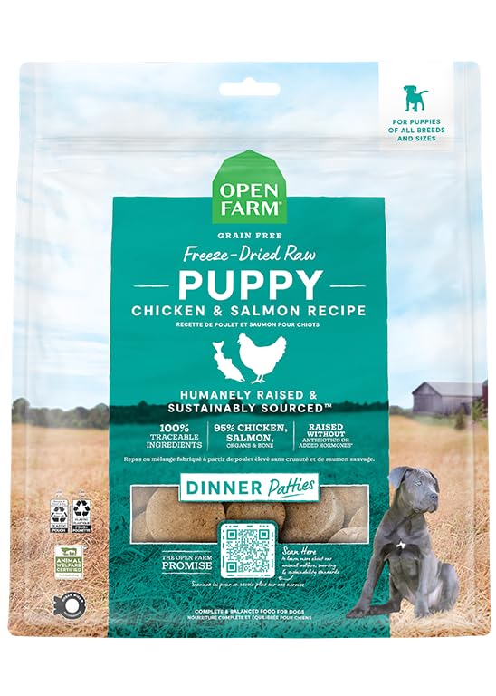 Open FarmFreeze Dried Raw Puppy Food, Patties with 95% Meat, Organs & Bone, Complete Meal or Freeze Dried Dog Food Mixer, Chicken & Salmon Puppy Recipe, 10.5oz Bag
