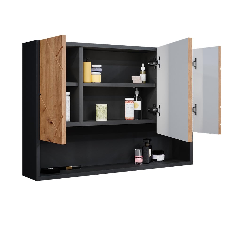 Vicco Specchio contenitore bagno Irma Rovere dorato/antracite 80.1x55 cm | con specchio e ripiani aperti per montaggio a parete