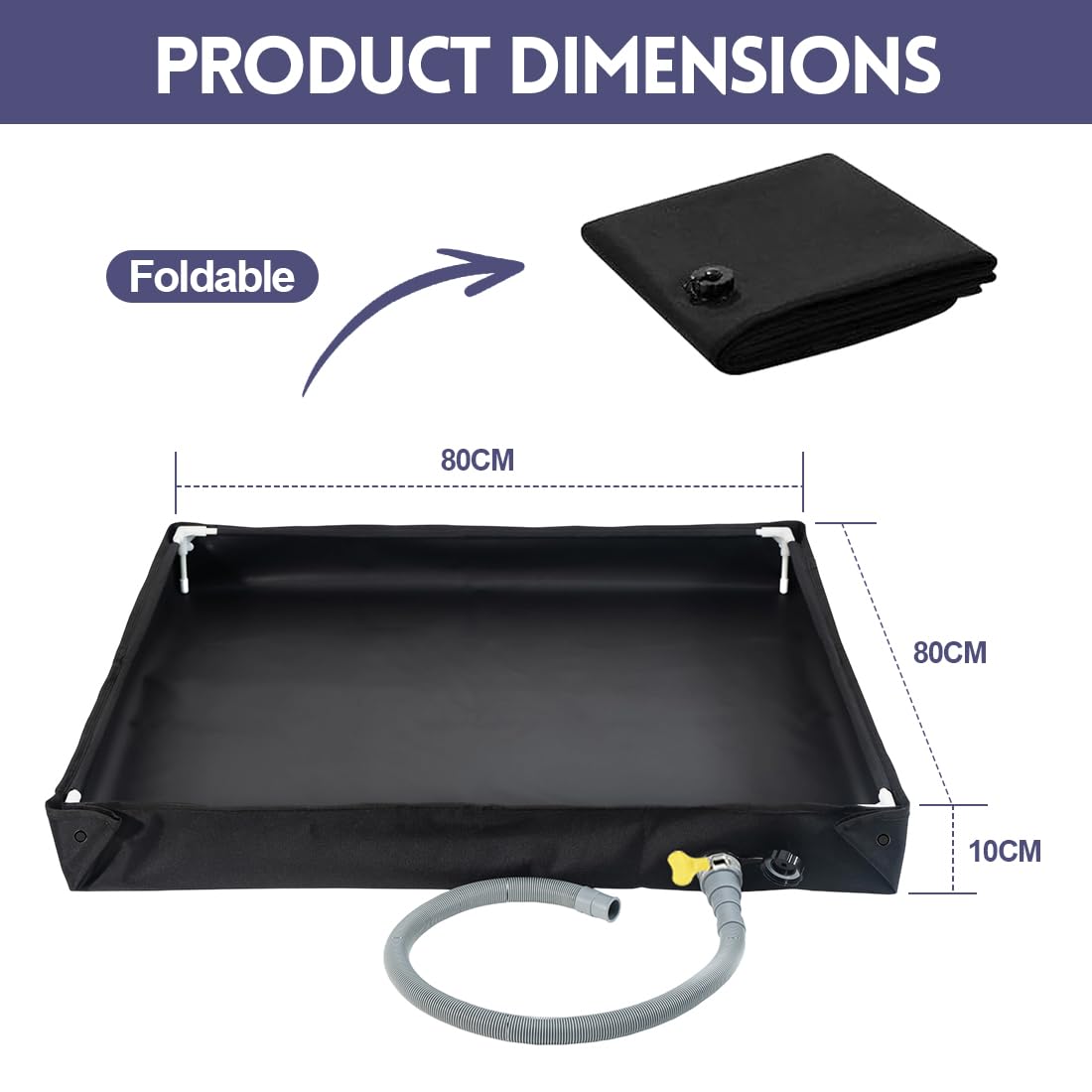 Receveur de douche de camping - 80 x 80 x 10 cm - Pliable - Portable - Avec tuyau de vidange - Base de tente de douche - Pour l'extérieur, l'intérieur et les animaux de compagnie