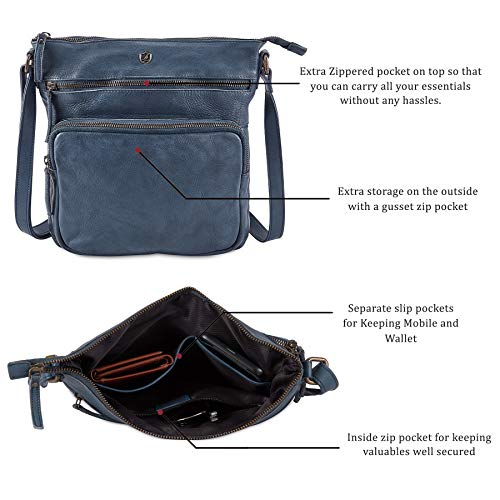 Cochoa Women Real Leather Crossbody Triple Zip Vintage Handbag Purse Travel Crossover Shoulder Bag Handmade (Ocean Blue Washed Vintage-L) #TOP2