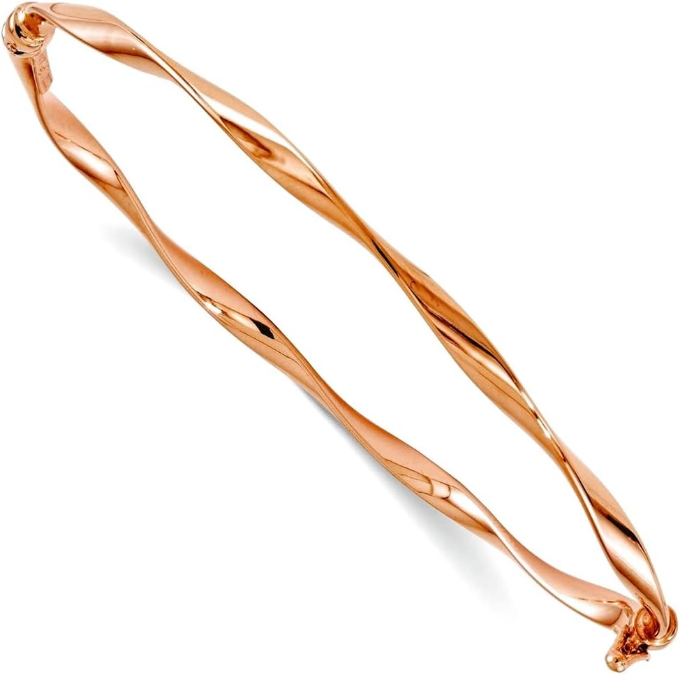 JewelryWeb 14k Rose Gold Safety clasp Polished Twisted Hinged Bangle Bracelet 3mm Wide Cuff Bracelet for Women