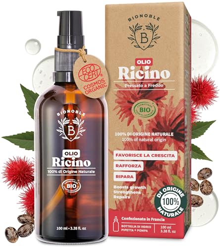 BIONOBLE Olio di Ricino Puro e Biologico - Pressato a Freddo, Senza Esano - Olio di Ricino per Capelli Crescita, Ciglia e Sopracciglia - Castor Oil Organic - Bottiglia di Vetro, Pipetta, Pompa - 100ml