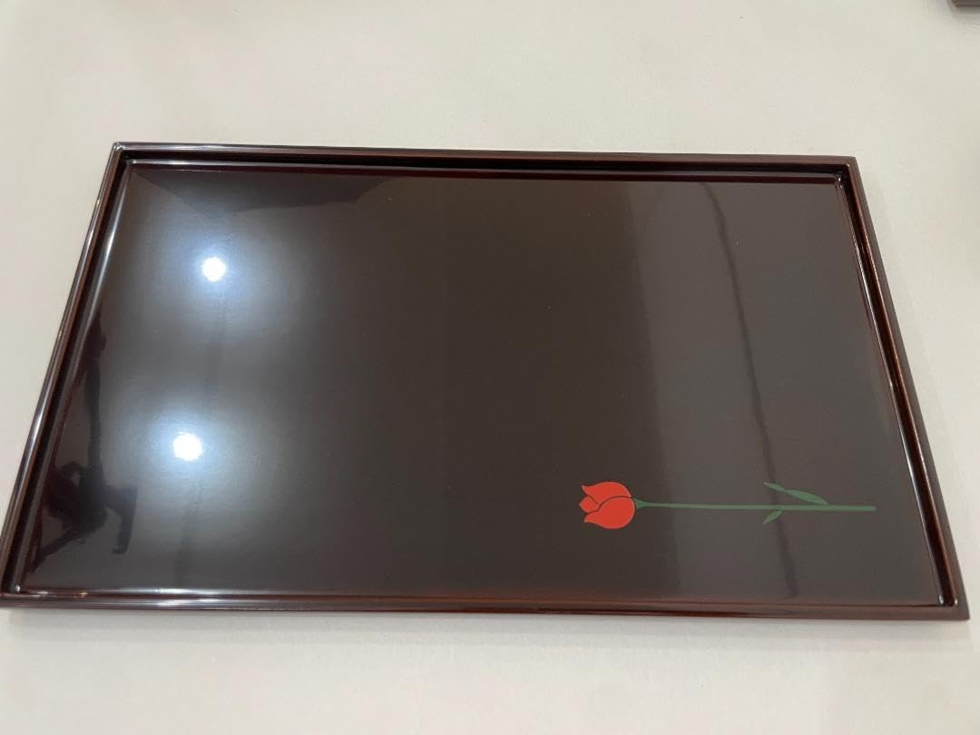 越前漆器 木製・漆塗 長角お盆 溜色 5枚セット 花絵付 ss8336 【