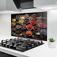 ARTHUB® Crédence de cuisine en verre 60x120 cm, Colorful Herbs Spices | Protection contre les éclaboussures, Revêtement mural en carreaux, Plaque en verre, Verre trempé, Aliments, Épices