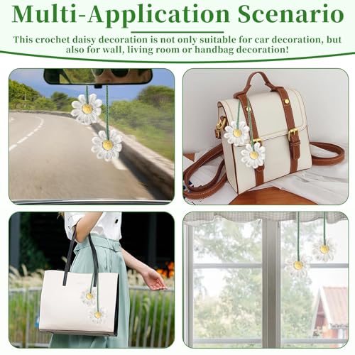 2 PCS Crochet Daisy Car Accessories for Women, Car Rearview Mirror White Flower Hanging Accessories, Handmade Cute Cars Accessory for Women Aesthetic, Cars Interior Decor Accessory Gift (White)