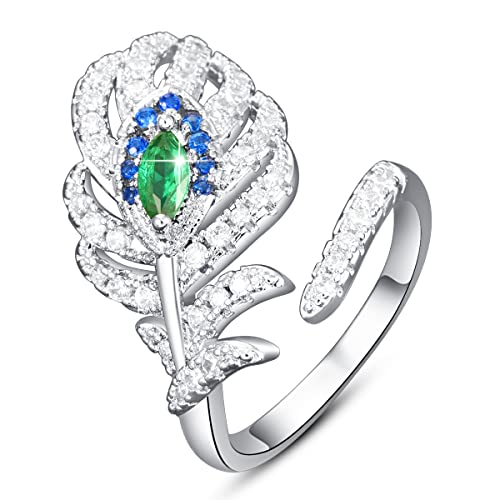 Emsione Cubic Zirconia CZ Pave Feather Open Ring Anniversary Wedding Engagement Ring Band for Women