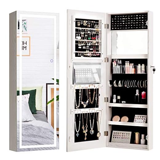 COSTWAY Armario para Joyas con Tiras de Luces LED, Organizador Joyas Montado a la Pared o a la Puerta, Armario Joyero con Espejo Bolsillo con Cremallera Incorporada, Porta Pintalabios (blanco)