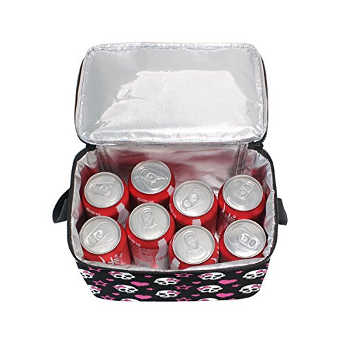 Alaza Pink Skull Love Heart Insulated Lunch Bag Box Cooler Bag Reusable Tote Bag Outdoor Travel Picnic Bag With Shoulder Strap For Women Men Adults Kids #TOP5