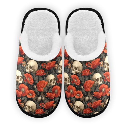 Flower Red Skull Retro Slippers For Women Men Soft Memory Foam Non-Slip Hallowmas Winter Indoor House Shoes Travel Slipper