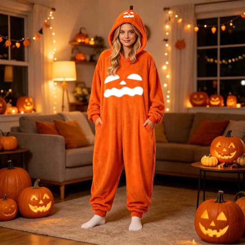 Womens Jumpsuit Pumpkin Onesie Halloween Pajamas Oversized Hooded Sleepwear - image 3
